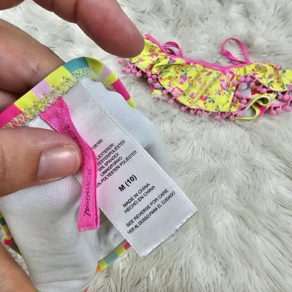 Betsey Johnson | Yellow Floral Stripe Ruffle Pom-Pom Bow BikiniGirls Size 10